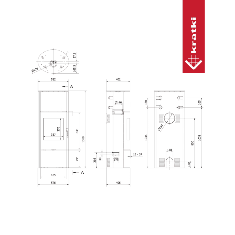 piec koza na drewno wolnostojący stalowy ROLLO W KRATKI EKOPROJEKT wymiary